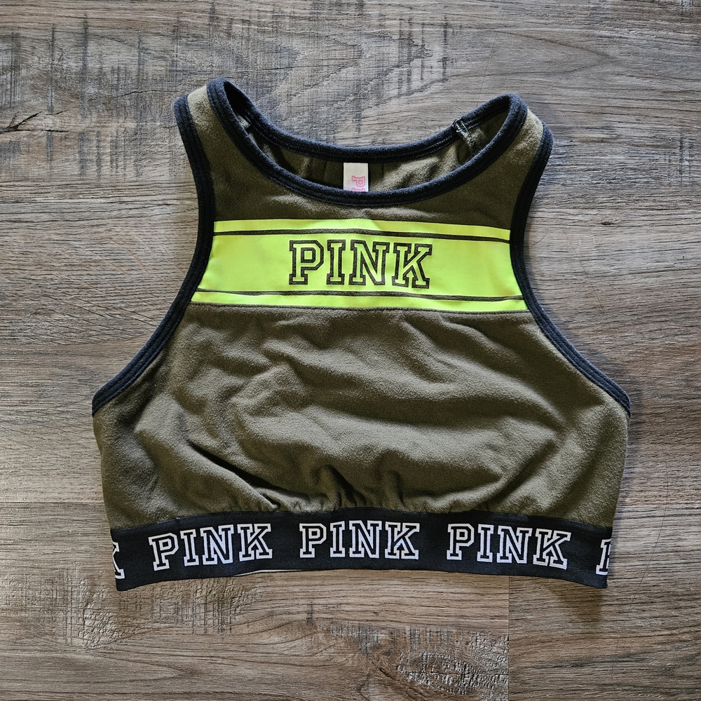 Victoria's Secret PINK Olive Green High-Neck Crop Top Racerback Sport Bra